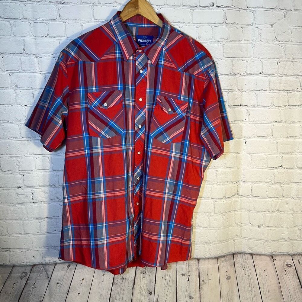 Wrangler Pearl Snap Front Plaid Shirt size XL 17 17 1/2 Western Unhemmed Red